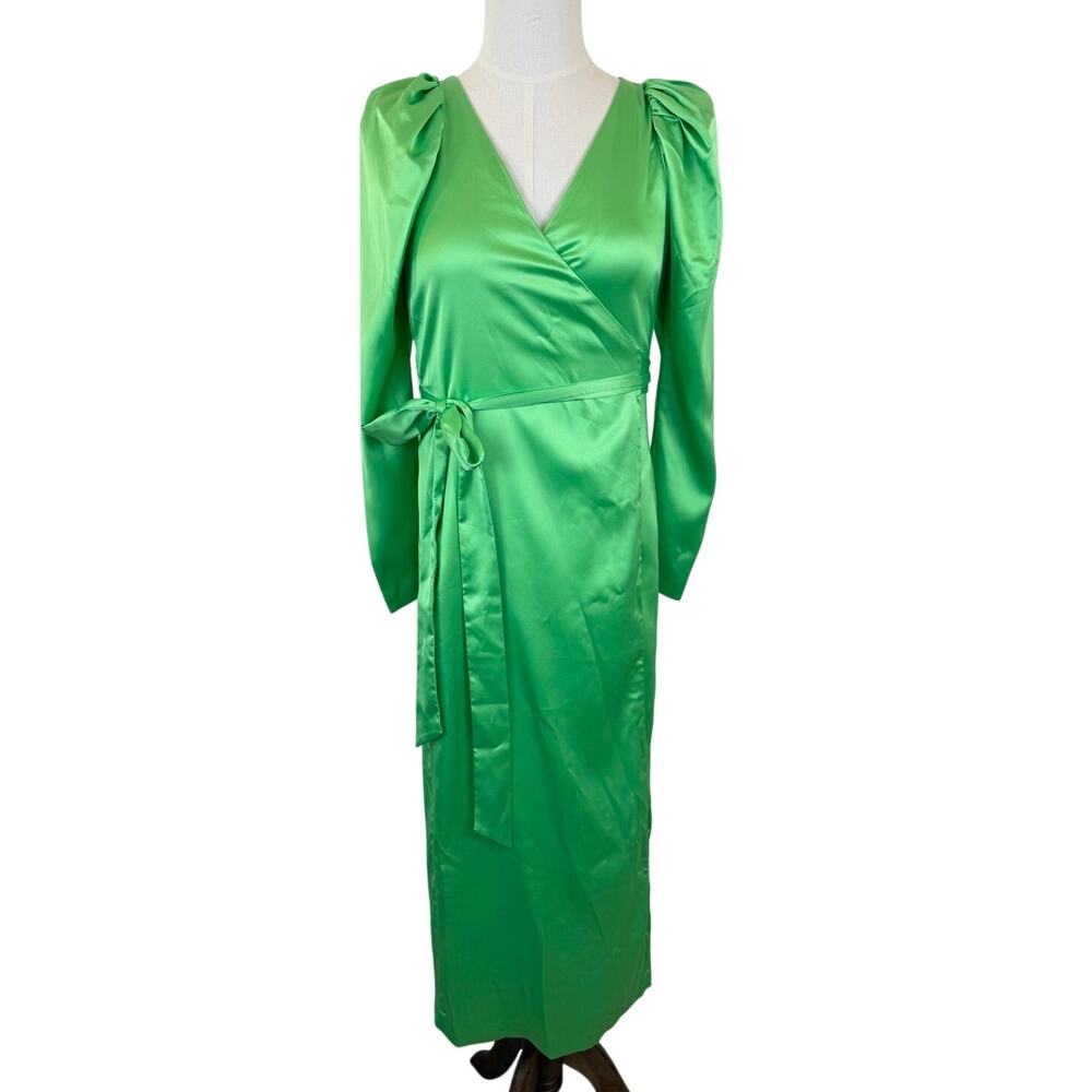 ROTATE Bridget Wrap Maxi Satin Dress Long Sleeve Puff-Shoulder Neon Green US 6